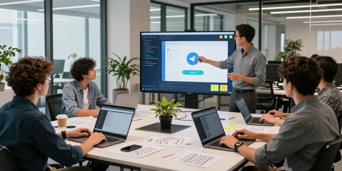 Interactive team discussing Telegram Download features in a modern office setting.
