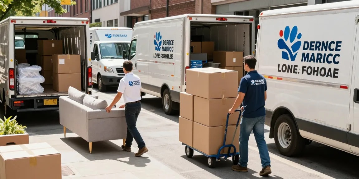 Flyttebyrå movers professionally handling furniture and boxes in an urban setting.
