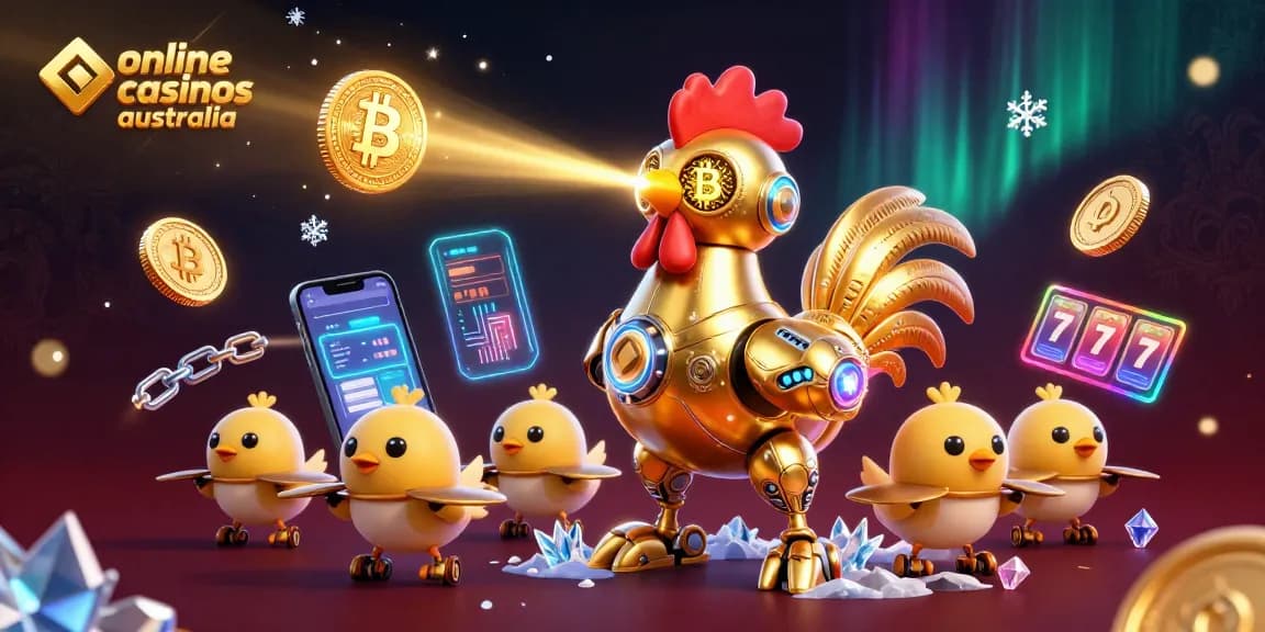 Experience excitement at online casinos Australia with a golden rooster shooting lasers among vibrant game elements.