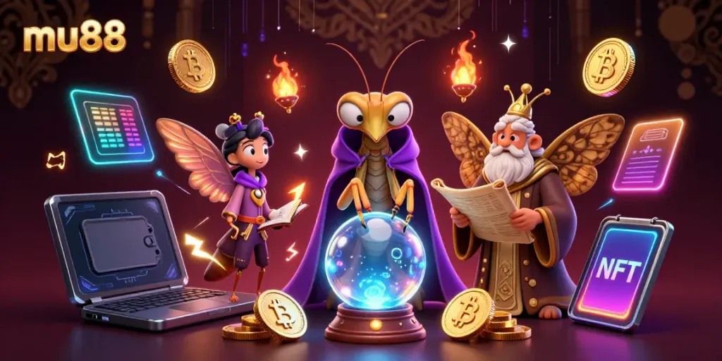 Experience the magic of mu88 as the fortune teller predicts riches in a vibrant casino scene.