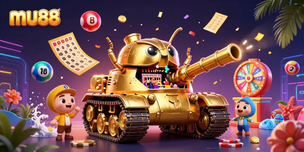 Experience thrilling wins at mu88 with a dynamic casino scene filled with lottery games and confetti.