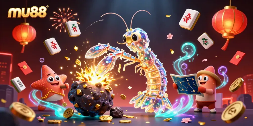 Experience thrills at mu88 with a vibrant 3D scene of a galactic samurai mantis shrimp amidst casino elements.