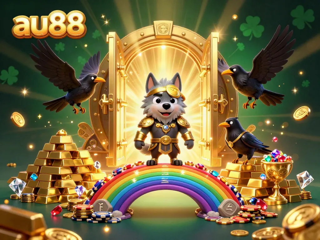 Enjoy thrilling casino adventures with au88, featuring Odin and ravens surrounded by treasures
