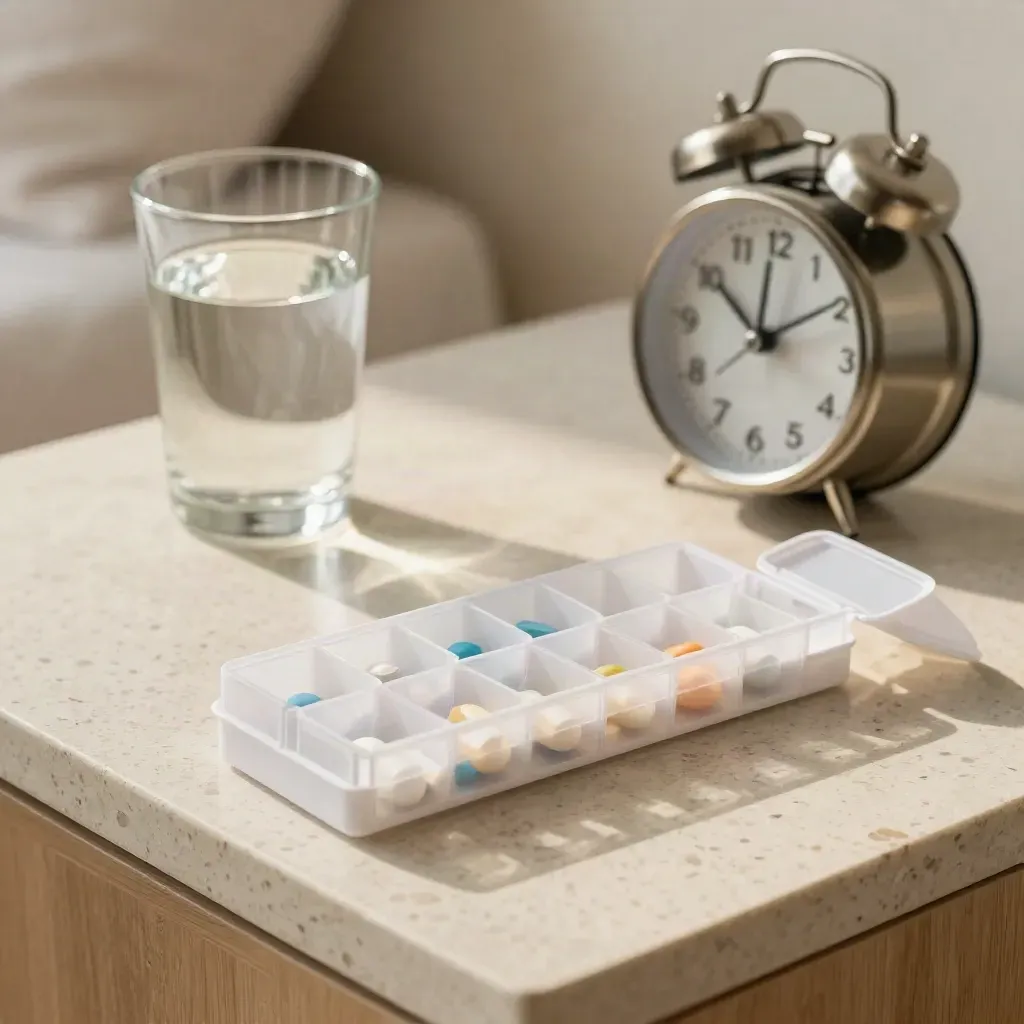 Medicinpåminnelse på sängbord med dosett, vattenglas och väckarklocka i mjukt morgonljus.