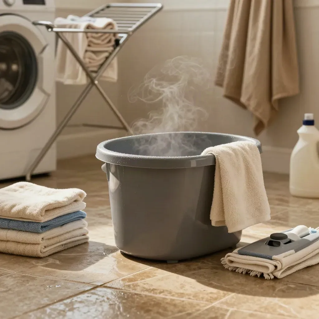 Rena handdukar, torkställning och mopphink i en ljus tvättnisch på kakelgolv.