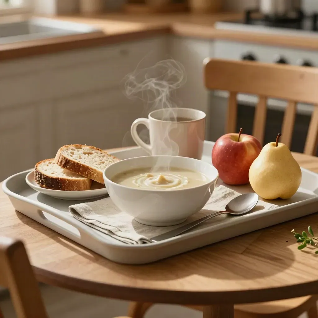 Måltidsbricka med soppa, bröd, frukt och mugg i ett varmt hem