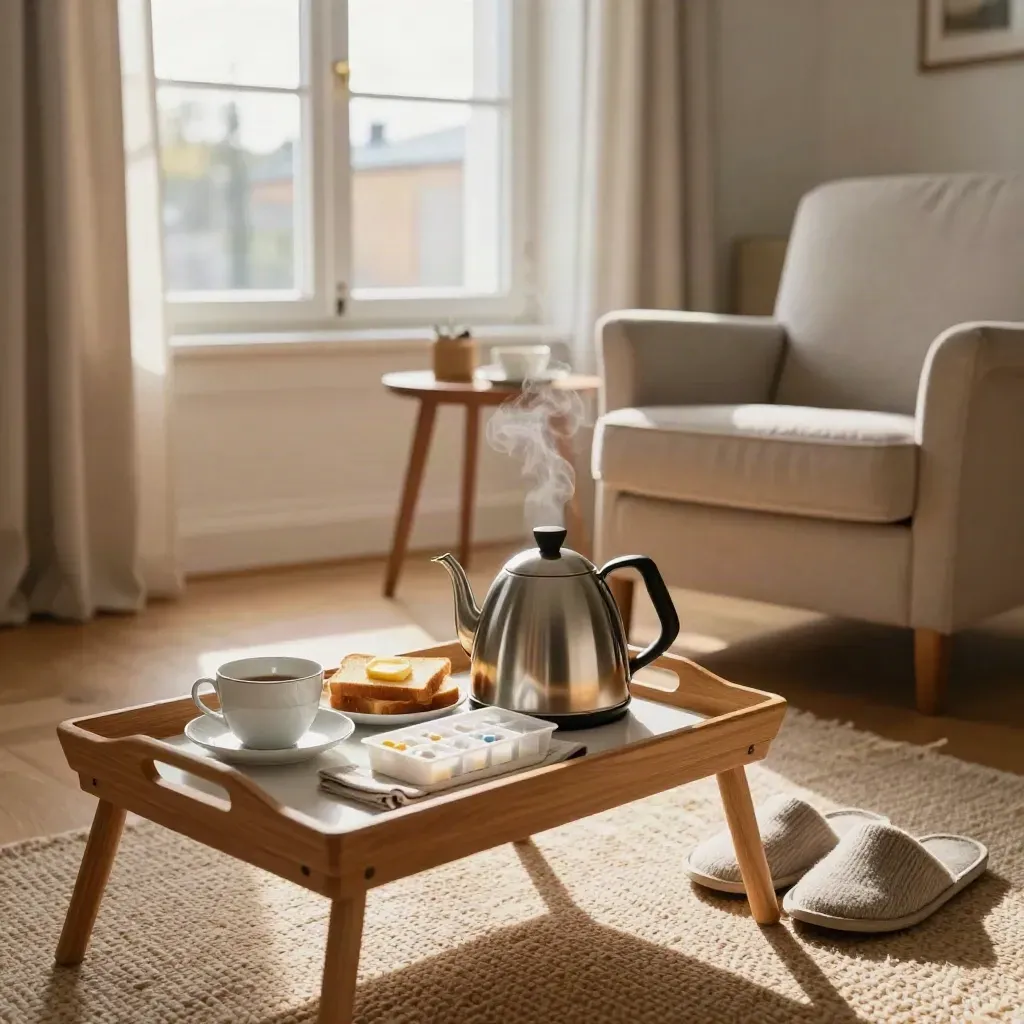 Morgonbricka, medicindosa, vattenkokare och tofflor vid en solbelyst fåtölj.
