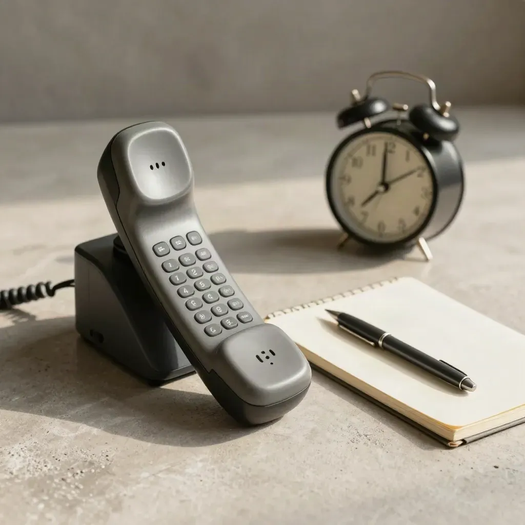 Telefon, väckarklocka och stängd anteckningsbok i mjuka grå toner på betong.