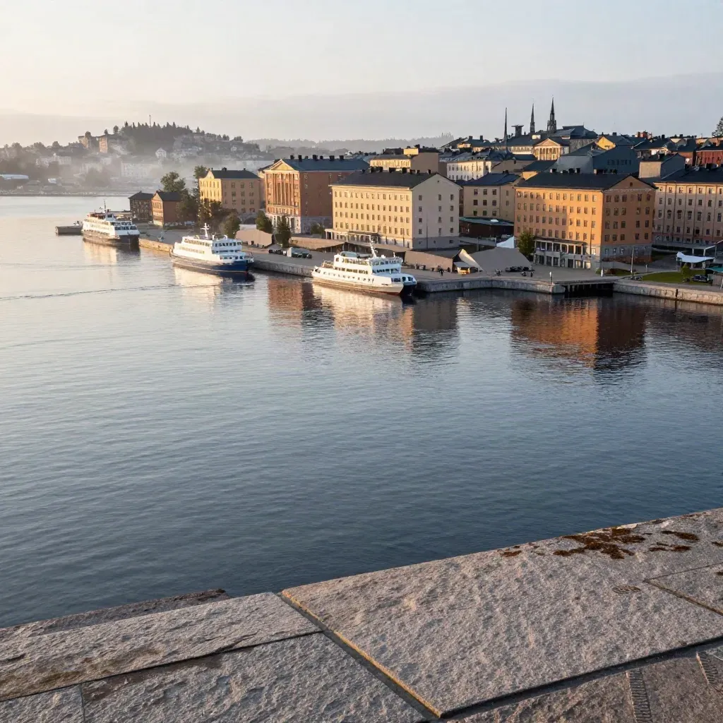 Stockholms skärgårdsvatten med kajer, färjor och avlägsna hustak i blå timmen