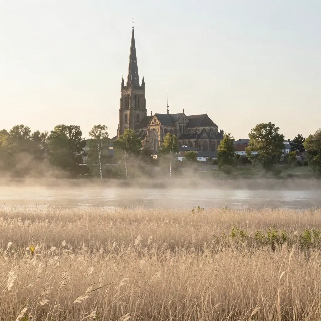 Uppsala domkyrkas spiror över dimmig älvdal och ljusgrönt gräs i gryning.