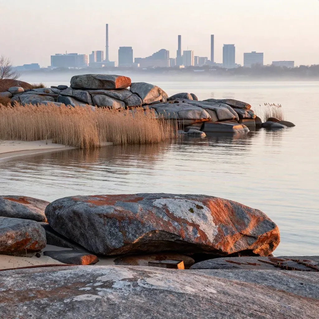 Mälarens strand med granit, vass och dimmig industrisiluett i mjukt morgonljus.