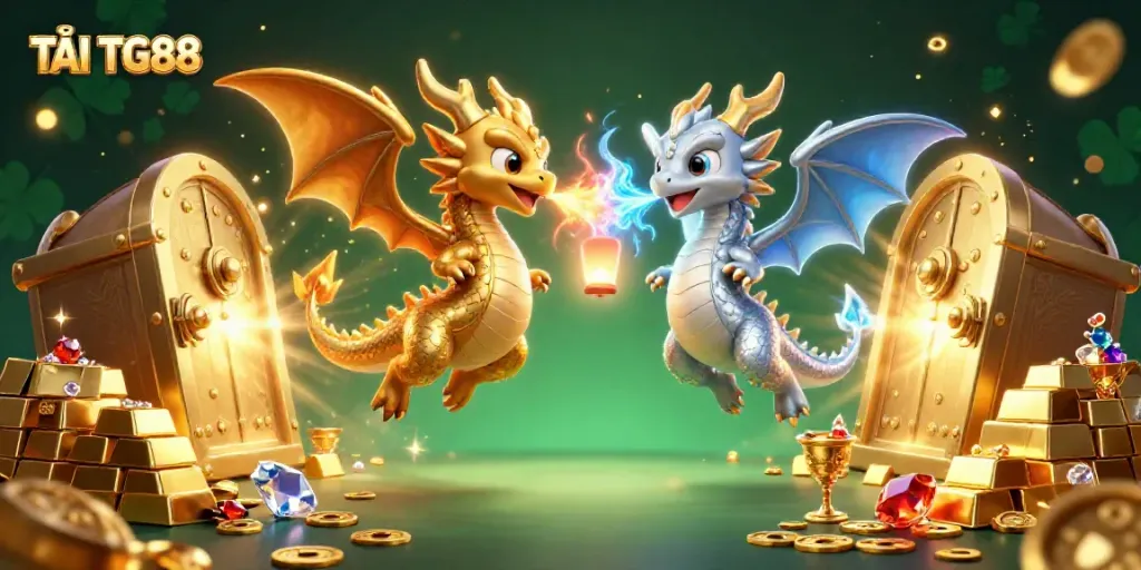 Experience the thrill of TẢI TG88 with a vibrant depiction of dragons and treasures, embodying the excitement of online gaming.