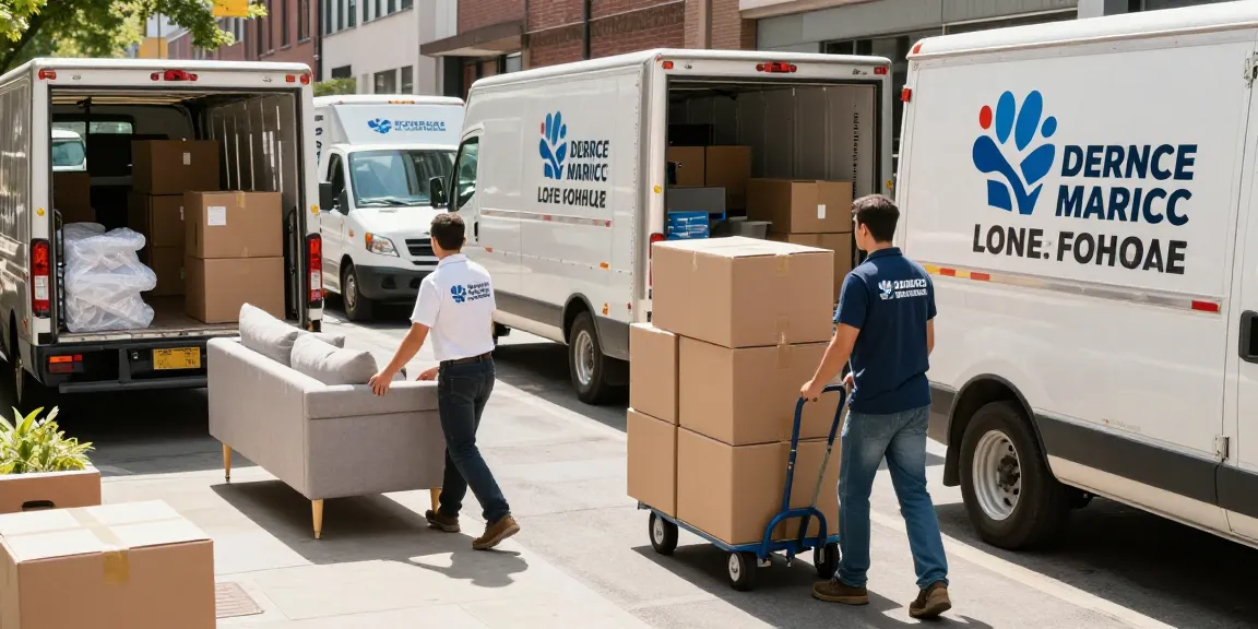 Flyttebyrå movers professionally handling furniture and boxes in an urban setting.