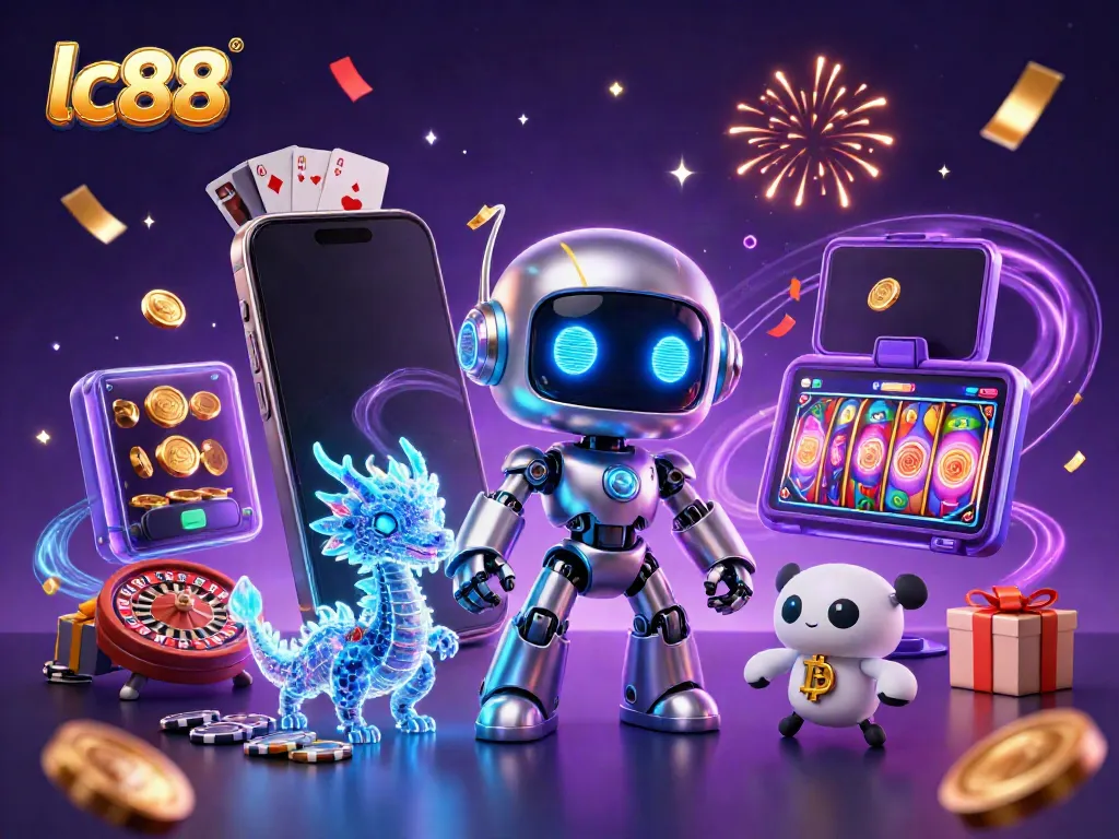 Play and win at lc88 with vibrant casino-themed 3D illustration featuring dynamic gaming elements.