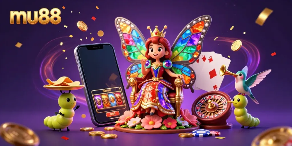 Engage in thrilling games at mu88, featuring a vibrant 3D illustration of a butterfly queen and gaming elements.
