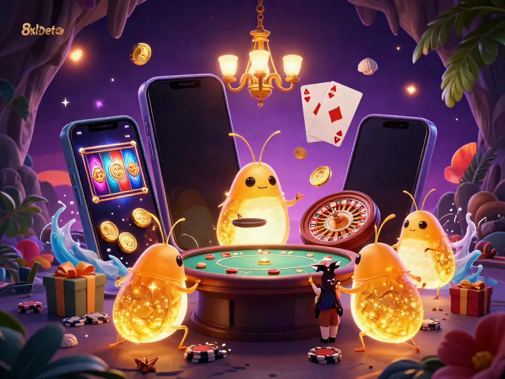 Experience thrilling gameplay at 8xbeta with glowworms illuminating a vibrant casino scene.