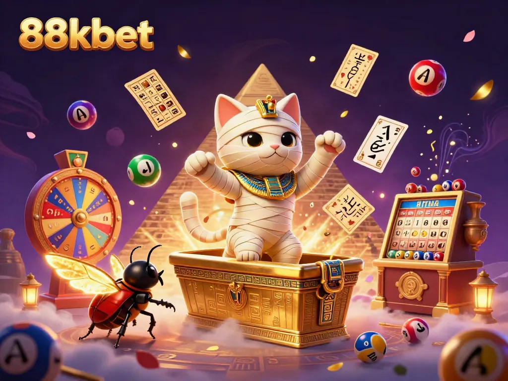 Join the adventure with 88kbet as the Egyptian mummy cat and glowing scarab beetle sprout from a casino scene full of dynamic lottery elements.