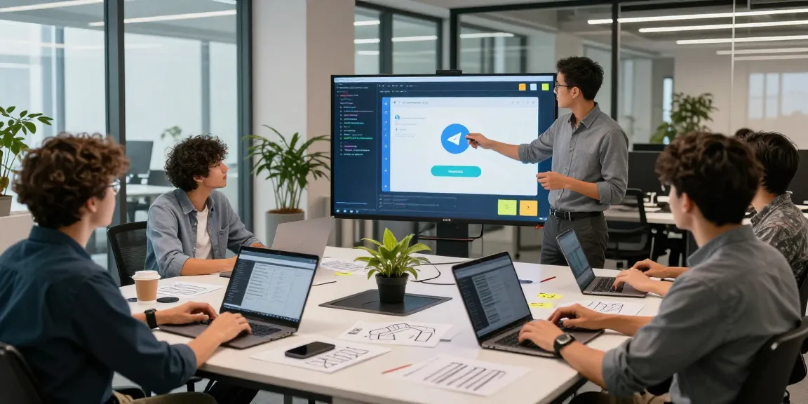 Interactive team discussing Telegram Download features in a modern office setting.